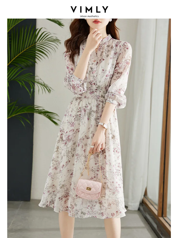 Vimly Elegant Fairycore Chiffon Dresses for Women 2024 Vinatage A-line Stand Collar Long Sleeve Vocation Floral Dress V7983