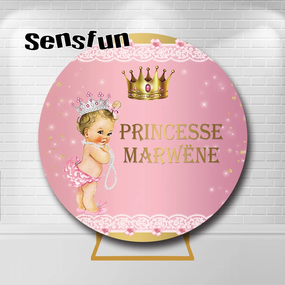 Pink Royal Princess Round Backdrop Cover Gold Crown Boken Glitter Lace Girls Baby Shower 1st Birthday Party Circle Background