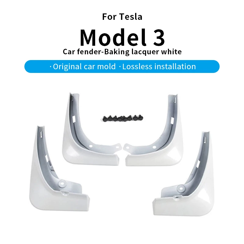 Weiße Schmutzfänger vorne und hinten für Tesla 2021-2023 Model 3 – Spritzschutz im Originalstil als Kotflügelersatz