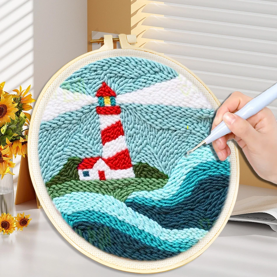 

punch needle embroidery Starter Kit With Frame Coastal scenery Easy Punch Needle Kit DIY Craft Sewing Embroidery Poke Handmade