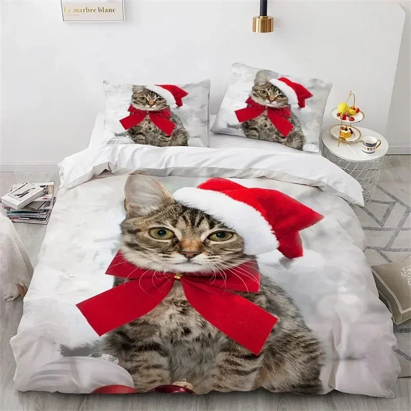 Cat Merry Christmas Santa Claus Bedding Set Boys Girls Twin Queen Size Duvet Cover Pillowcase Bed Kids Adult Home Textileextile