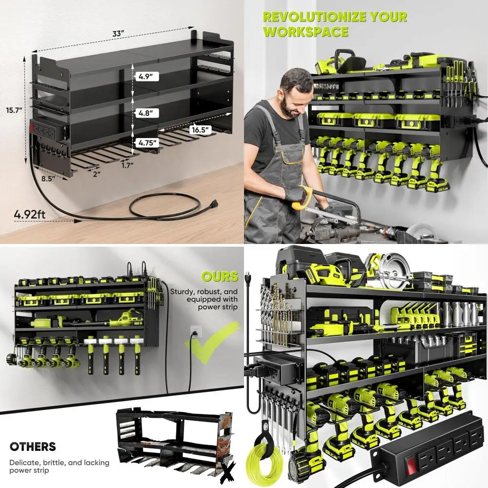 

4-Tier Heavy-Duty Metal Power Tool Wall Rack with Charging Station, Holds 600lbs, 8 Drill Holders, 4 Power Strips