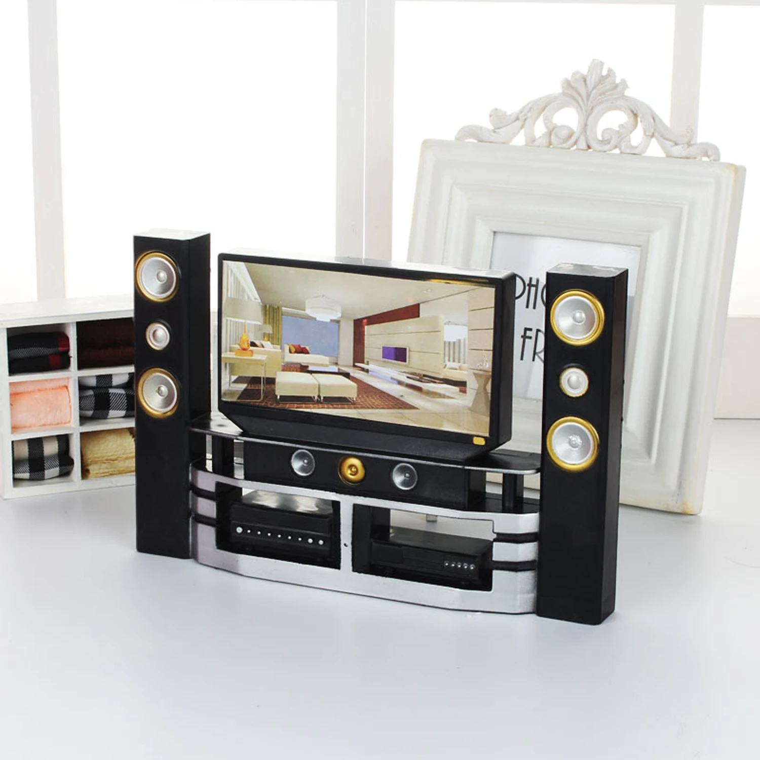 Besegad Doll House Plastic Cute Mini TV Speaker Cabinet Set Suit Furniture Accessories for Barbie Child Kids Girls Birthday Gift