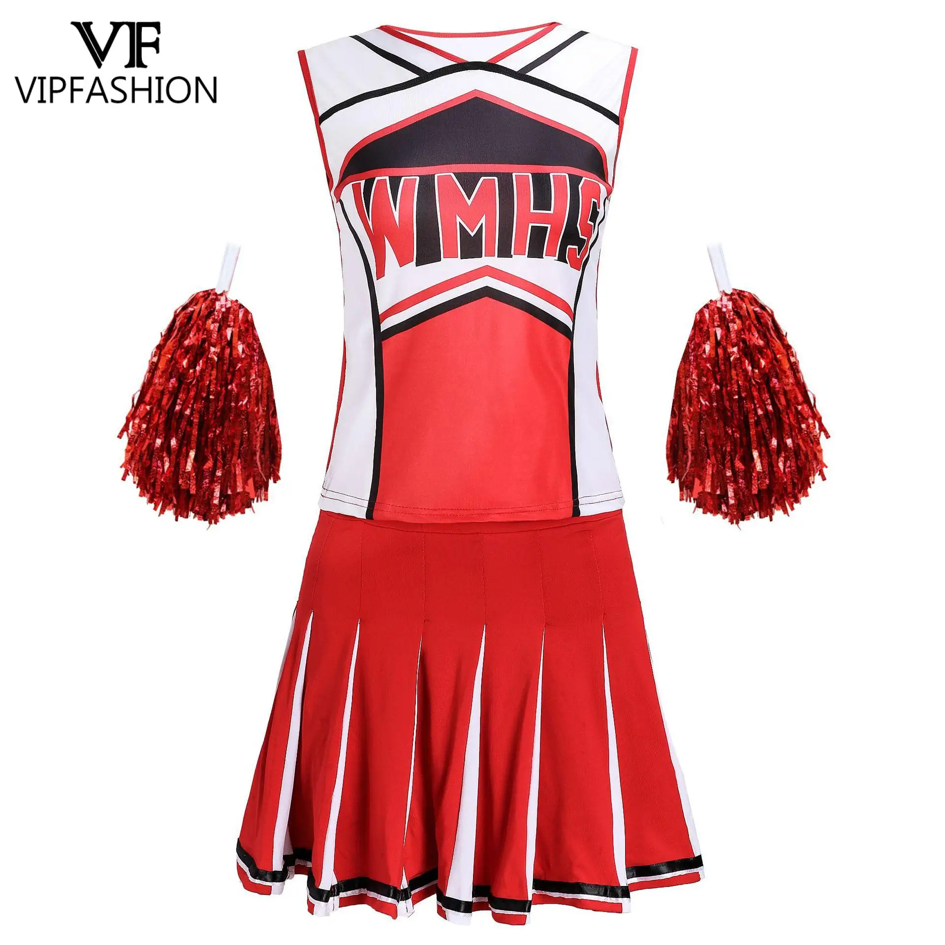 VIP FASHION المرأة WMHS طباعة التشجيع زي مجموعة بلا أكمام أعلى مطوي تنورة أحمر أبيض أداء الحفلات تأثيري الزي #5