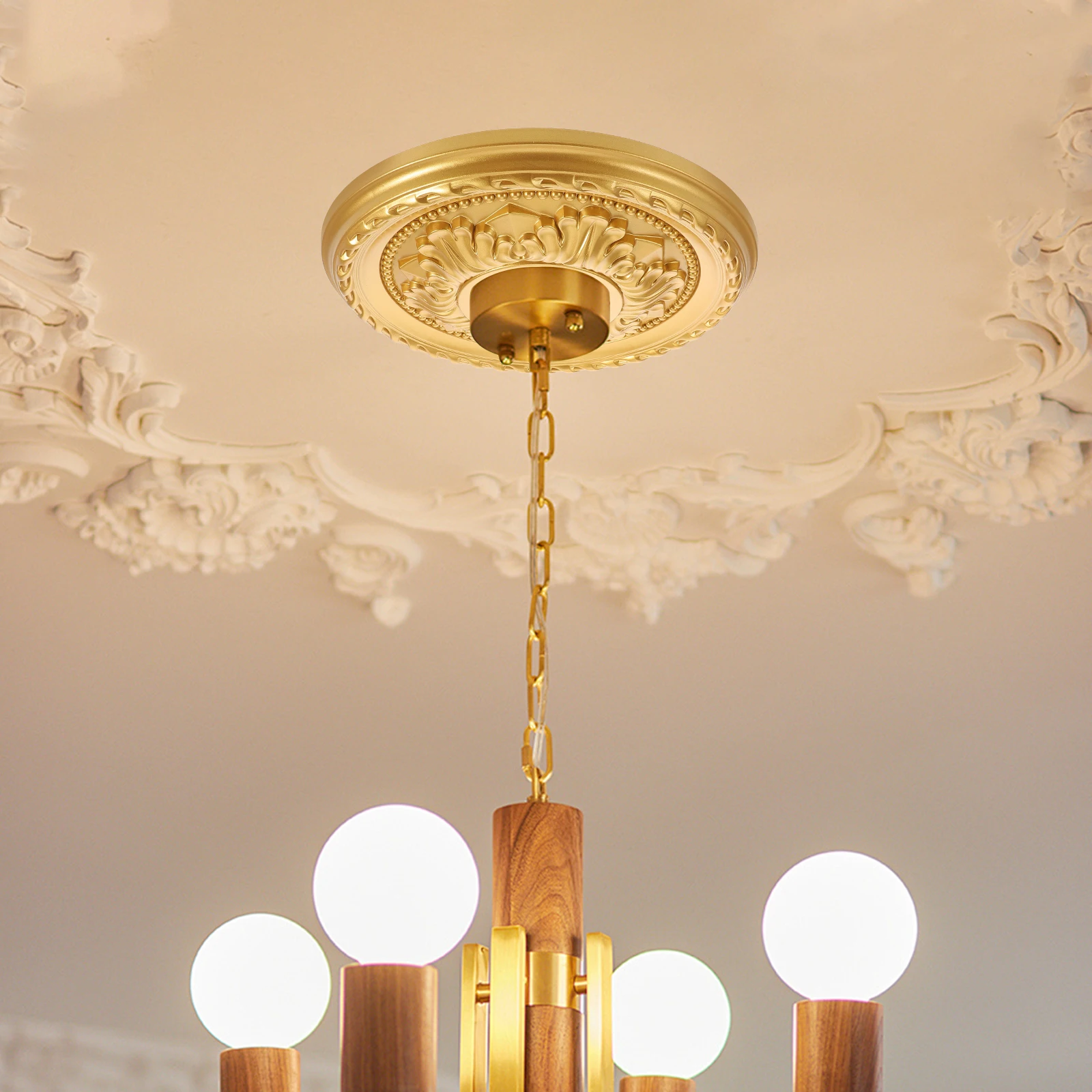 

Round Lamp Panel Ceiling Medallions PU Gypsum Golden Finish Bright Illumination Home Lighting Decorative Cover Plates