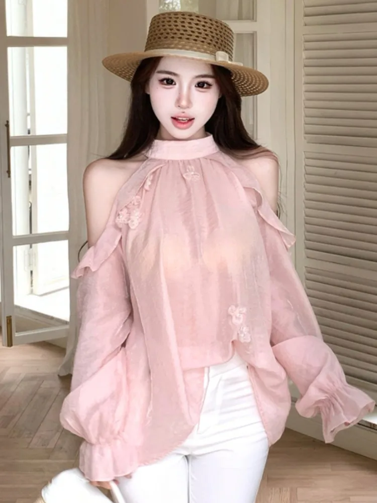 

Sweet Style Long Sleeve Chiffon Shirt Women Spring Summer New Lotus Leaf Shoulder Exposure Quality Top Gentle Neck Hanging