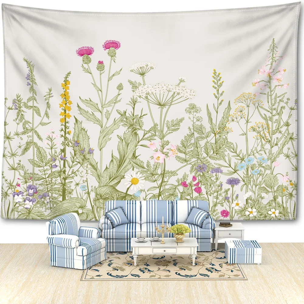 Tapiz de flores y plantas verdes para colgar en la pared, arte Hippie, paisaje subtropical bohemio, dormitorio, sala de estar, decoración del hogar