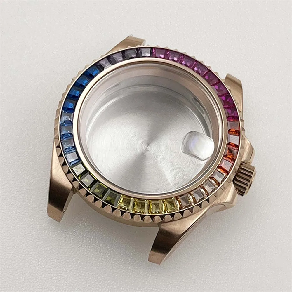 

New Rainbow Crystal Bezel Rose Gold Watch Case 41mm, 30ATM Waterproof Sapphire Glass Cases for NH35 NH36 Movement Watch Parts