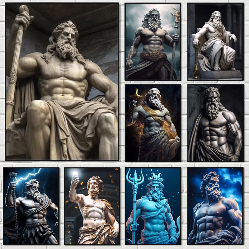 Zeus-Skulptur-Poster, Schwarz-Weiß, griechischer Gott, abstrakte Drucke, griechische Mythologie, Leinwandgemälde, Heim- und Wohnzimmer-Wanddekoration