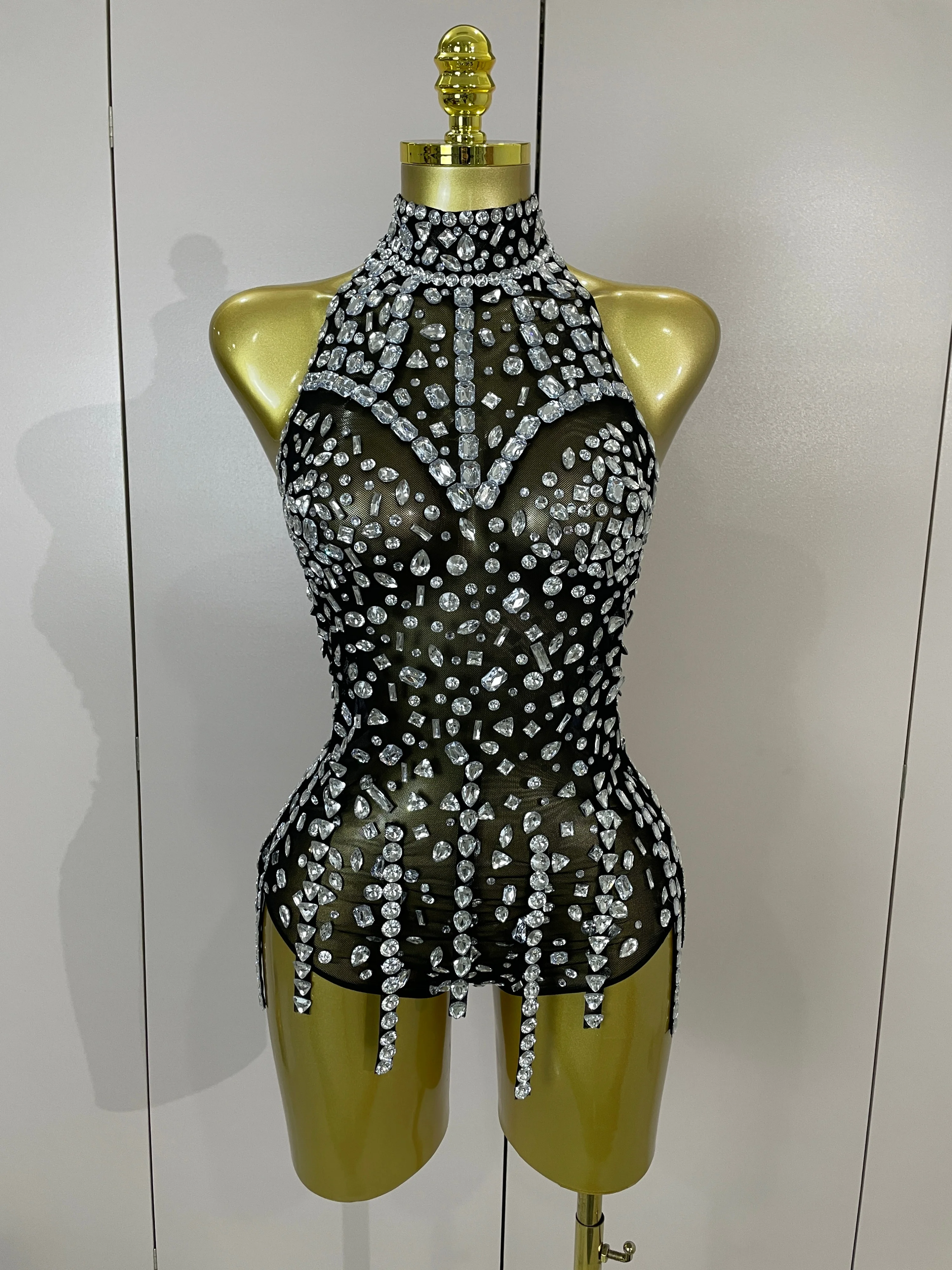 

2026 Sparkly Diamond Sexy Mesh Stretch Bodysuits Women Evening Nightclub Bar Party Show Gogo Show Dancer Clothing Stage Costume