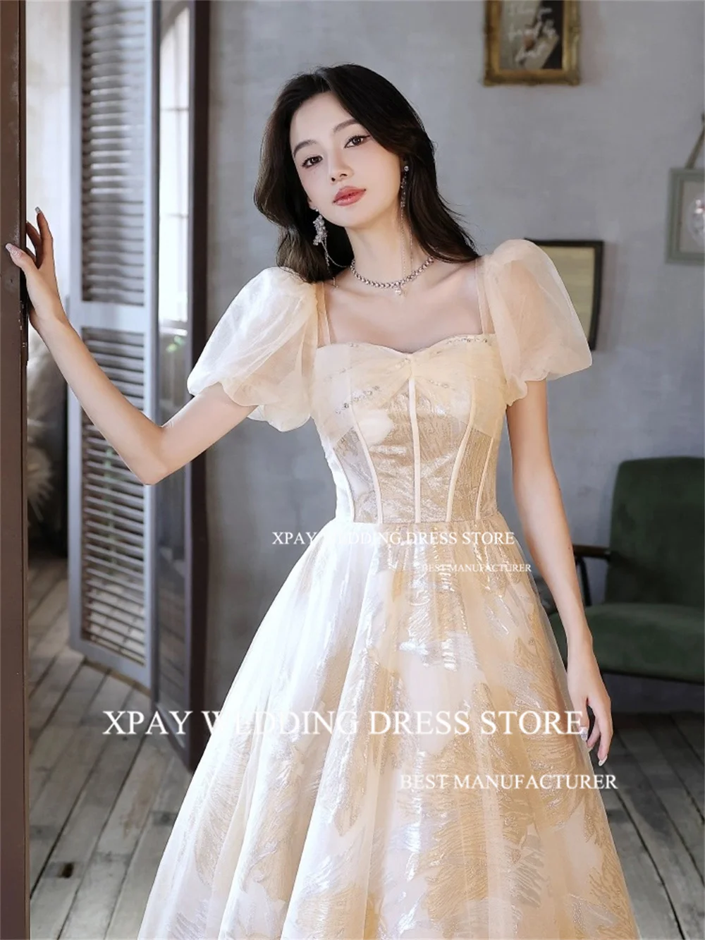 XPAY Sweetheart Print Gold Lace Evening Dresses For Korea Women Short Sleeve Formal Prom Gown Photo Shoot Fairy Party Dress