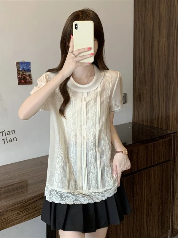 

Summer 2026 plus Size Lace Splice Short Sleeve Women's Shirt Slimming Large Clothing Korean Style round Neck Commute Fashion