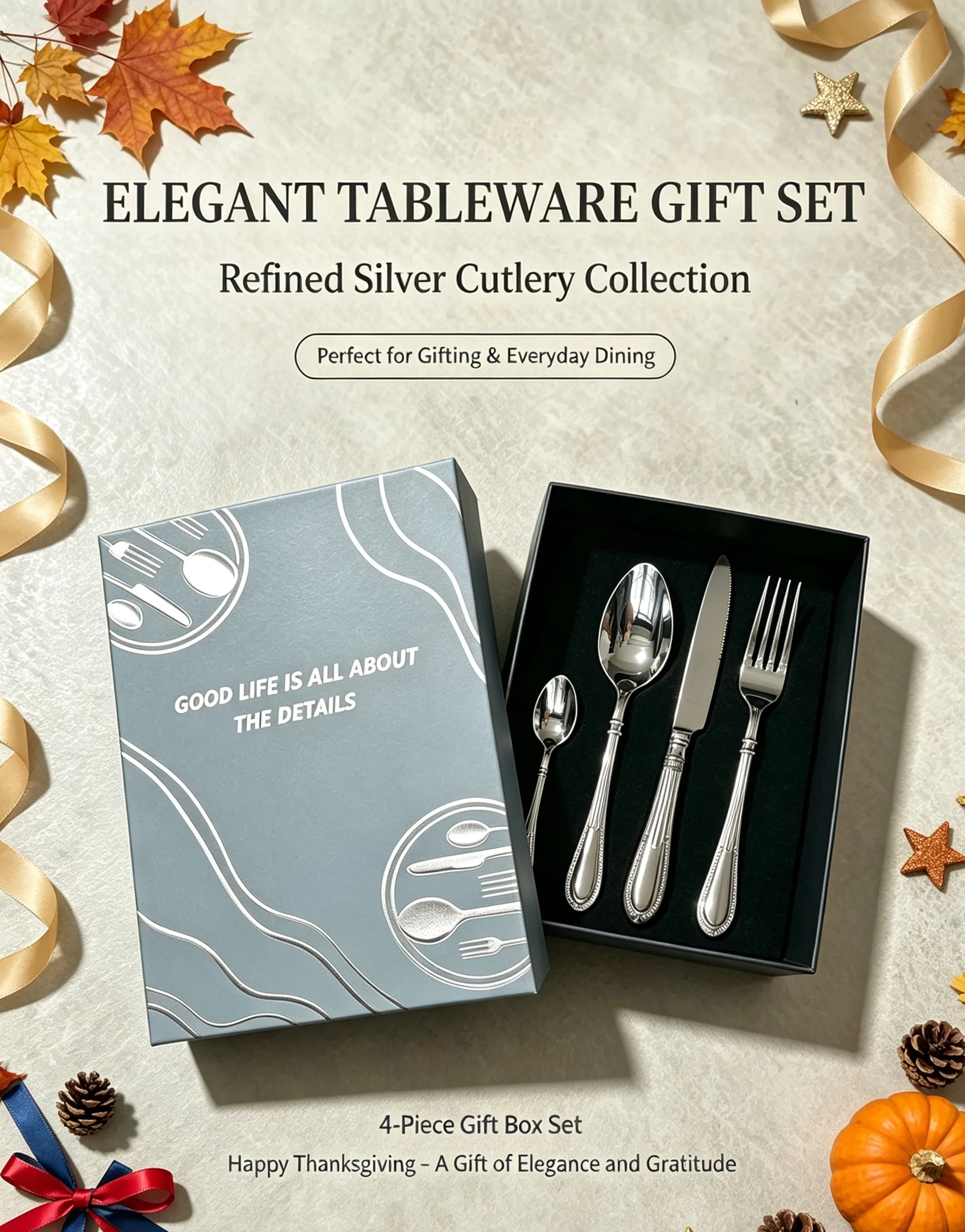 Thanksgiving Dinner Silverware 4Pcs Gift Box 304/420 Stainless Steel Cutlery Straight Top Round Bottom Handle Flatware Set