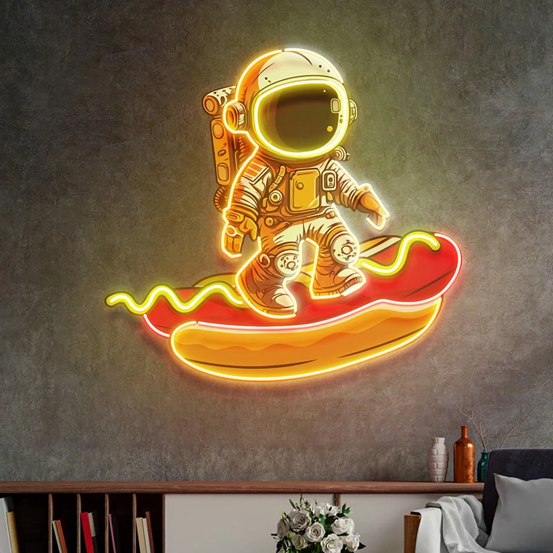 Kustom tanda Neon astronot di Hot Dog lampu Neon Logo bisnis tanda dinding restoran seni Makanan Cepat dekorasi toko Led lampu Neon