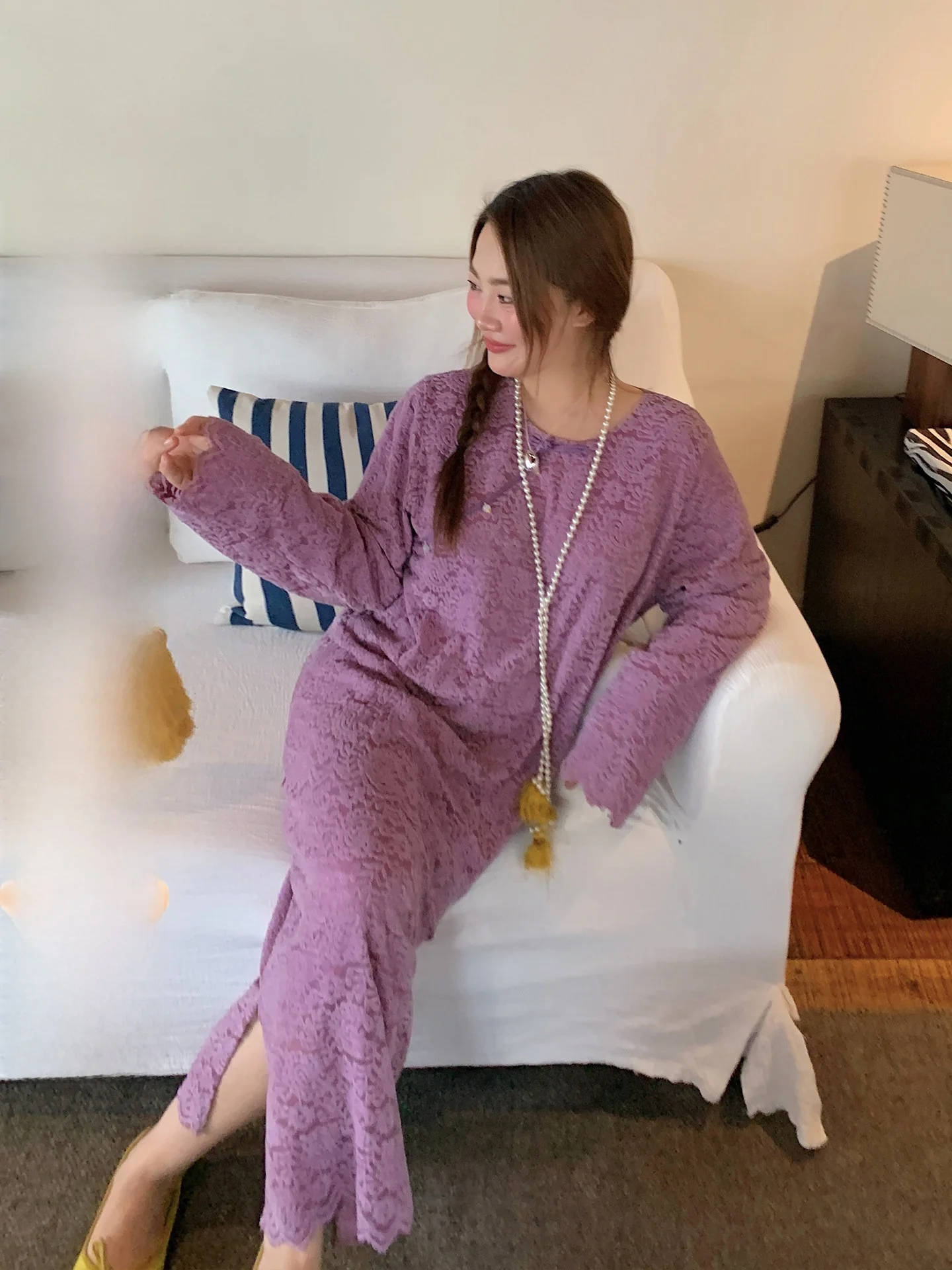 

Фиолетовый кружевной топ и юбка с высокой талией: женский модный комплект весна 2026, большие размеры, ансамбль с длинными рукавами и высокой талией