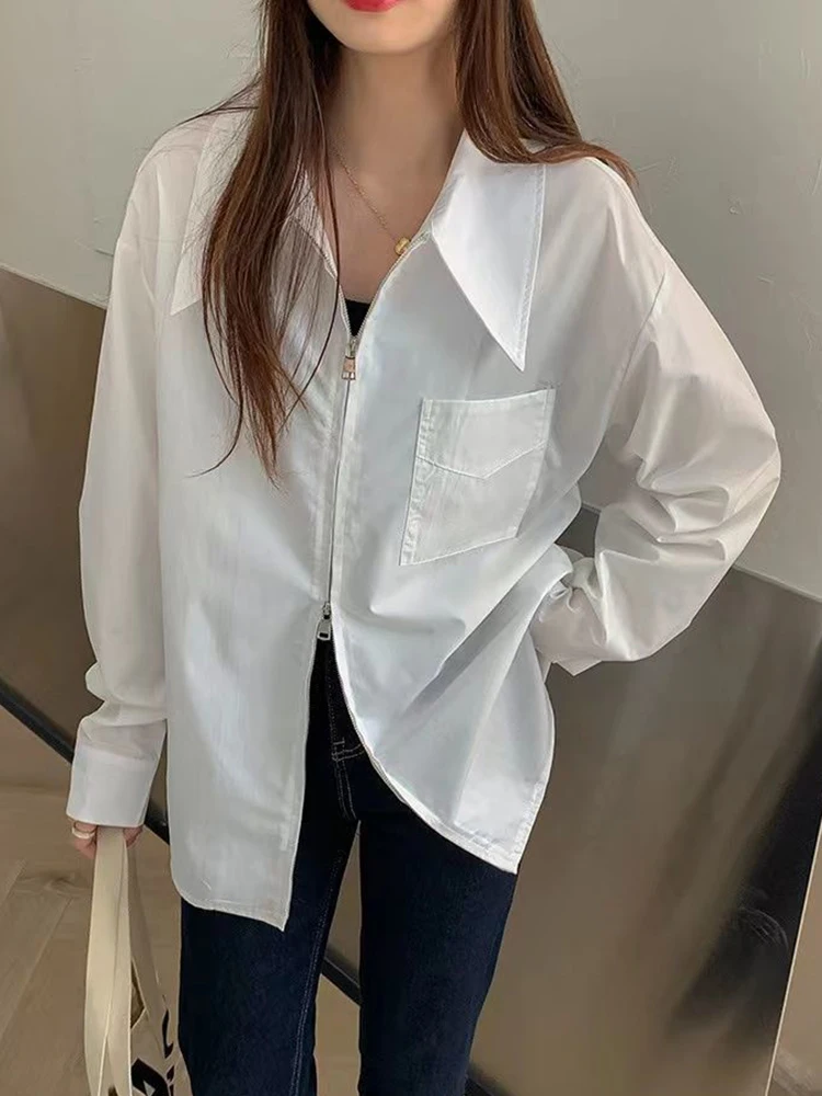 Jmprs décontracté fermeture éclair chemise blanche femmes à manches longues Vintage français Blouse printemps nouvelle femme tout Match conception Simple poche hauts