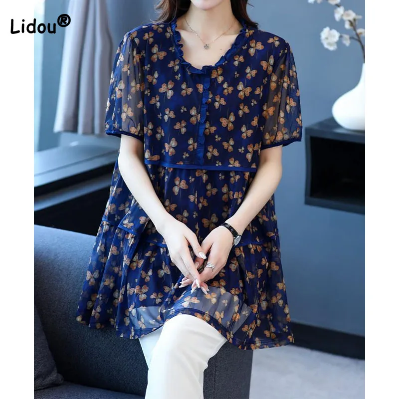 

Vintage Temperament Short Sleeve Printing Chiffon Shirt for Female Fashion Loose Short Sleeve Blouse Summer Women's Clothing