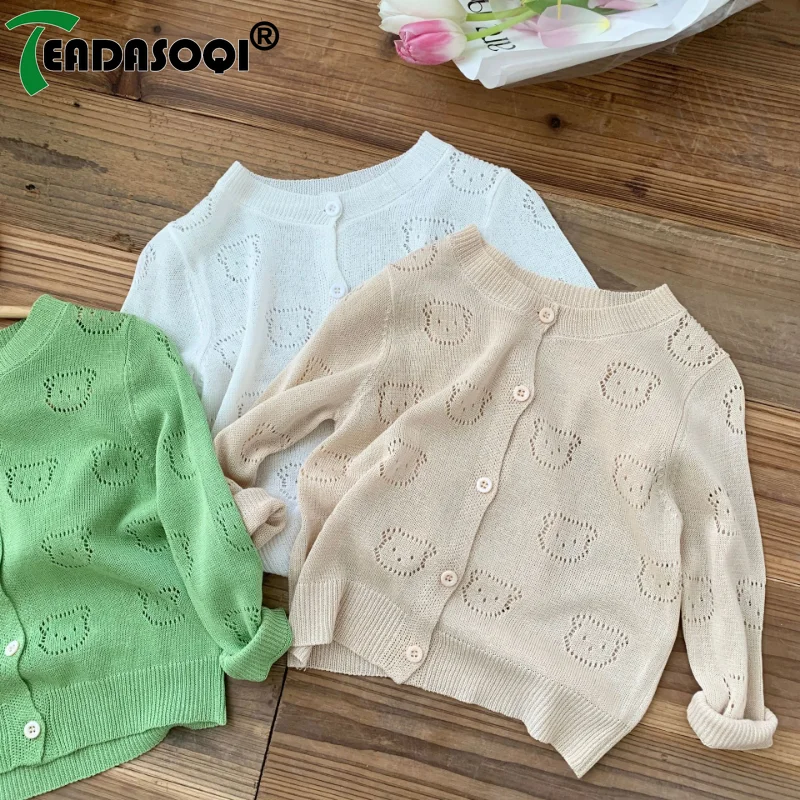 Fashion Baby Boys Girls Kids Summer Air-Conditioned Cardigan Solid Color Knitted Tops Hollow-Out Bear Sweater Coat Children 0-6Y