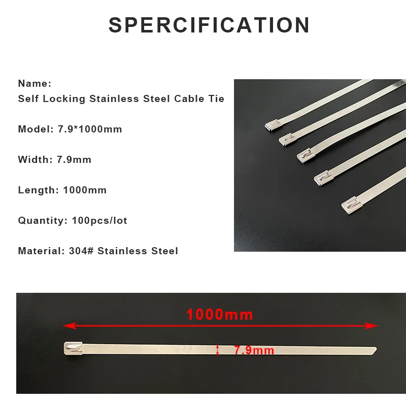 100Pcs 304#Stainless Steel Cable Ties 7.9*1000mm Heavy Duty Self-Locking Disposable Super Long Fixing Clamp Binding Rope