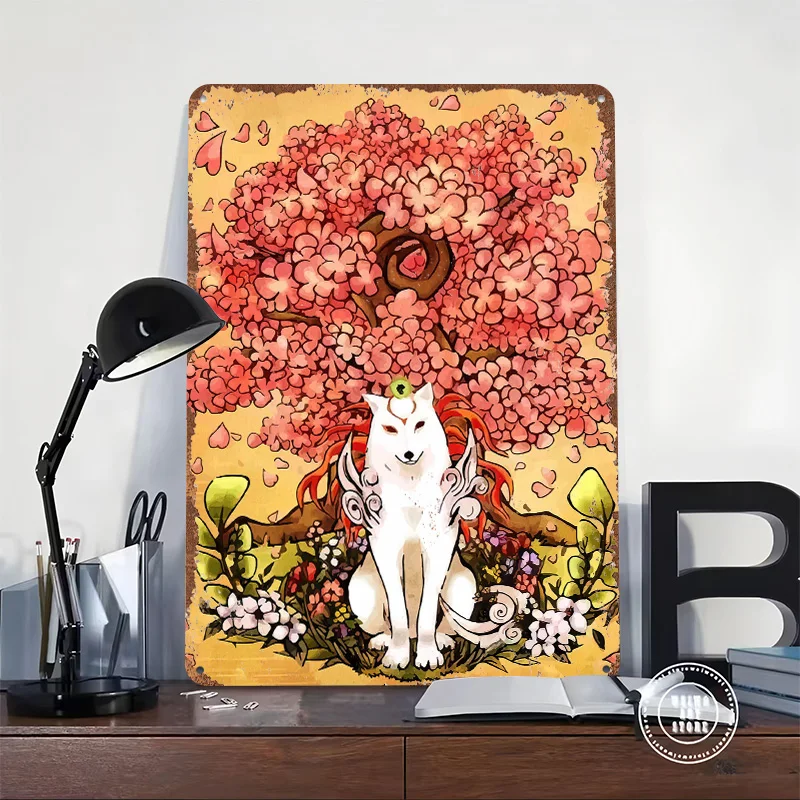 Okami Amaterasu Under Cherry Blossom Tree Tin Plaque Poster Customized Wall Art Retro Vintage Metal Signs for Room Home Decor