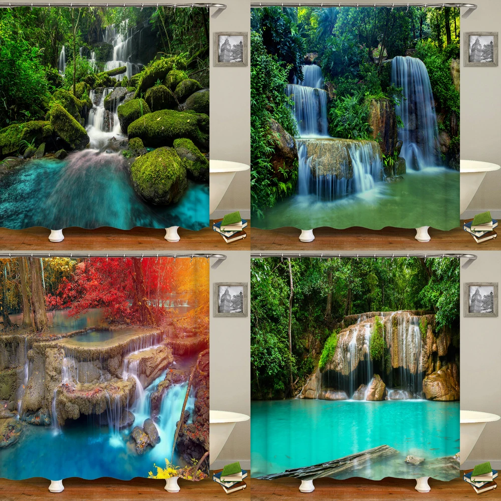 

Waterfall Scenery Shower Curtain Bathroom Waterproof Polyester Fabric Natural Forest landscape Printing Bath Curtain With Hook