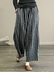 Literary Casual Women Pants 2024 New Autumn Oversized Cotton Blended Stripe Wide Leg Pants Vintage Straight Loose Trousers