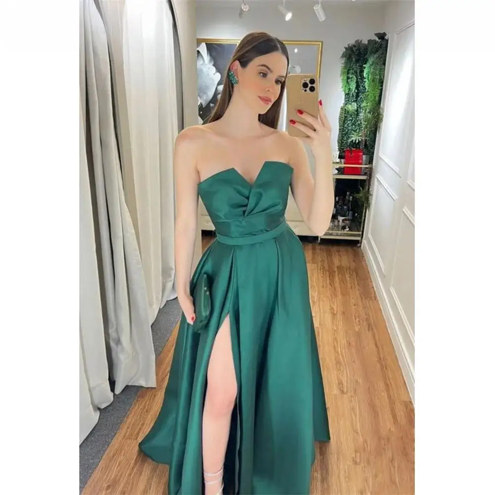 Gorgous verde a linha vestido de noite de cetim sem alças lado dividido até o chão vestidos de baile sem mangas vestidos de fiesta