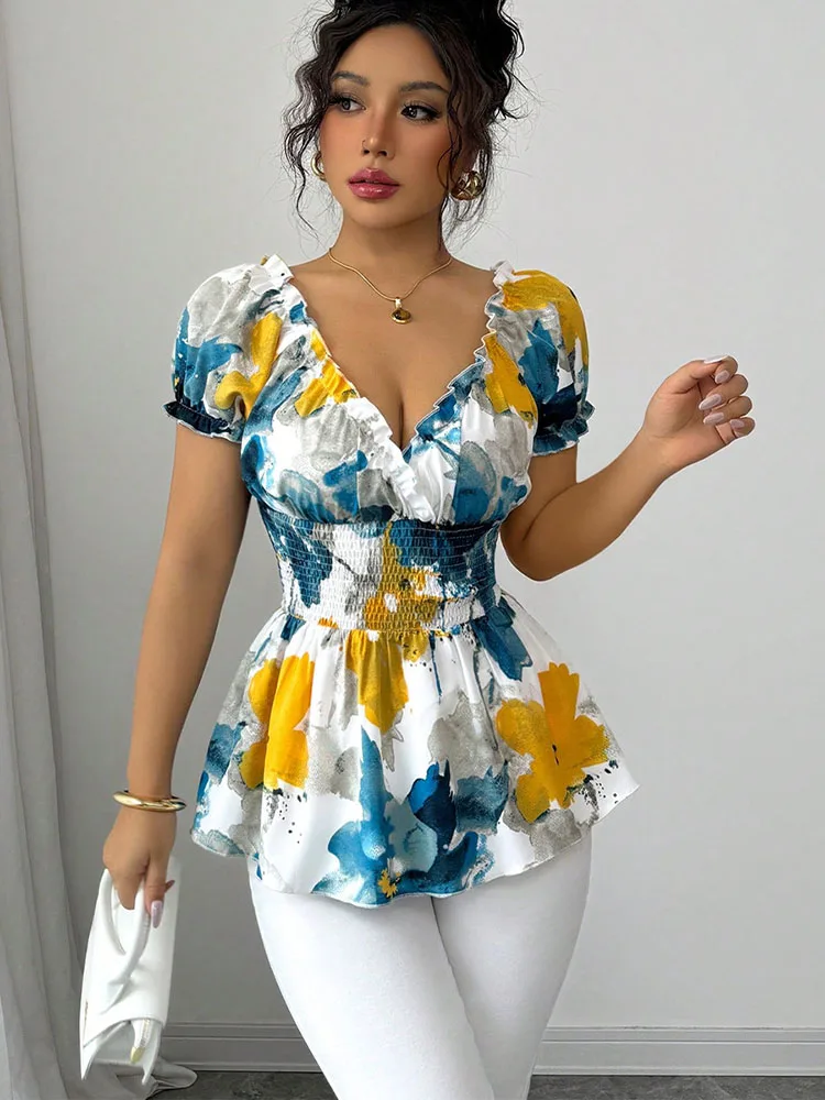 Neue Sommer-Damen-Top mit Blumendruck, lässige Bluse, Sommer-Damen-Tops, Kleidung für Damen, elegante Blusen für Damen