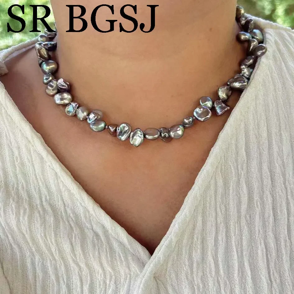 9-10mm 17inch Side Drilled Grey Natural Freshwater Pearl Short Chokers Necklace for Women Jewelry Mother's Day Gift