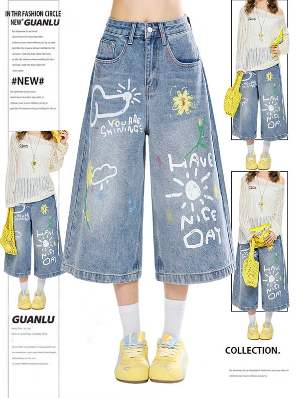 

American Cartoon Graffiti Printed Loose Wide Leg Jeans Women Summer New Style High Waist Casual Cotton Blend Denim Shorts