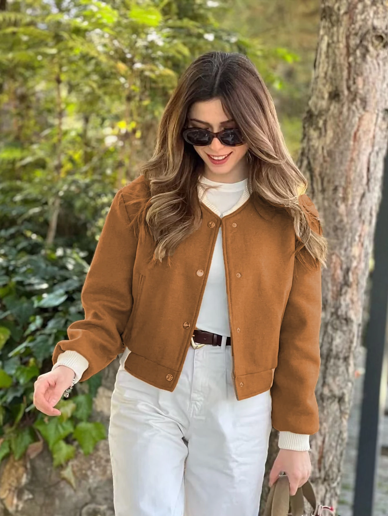 Conciso 여성 봄버 재킷 카키색 짧은 아웃웨어 긴 소매 빈티지 조끼 여성 캐주얼 루즈 포켓 스티치 코트 JN53JJ9670