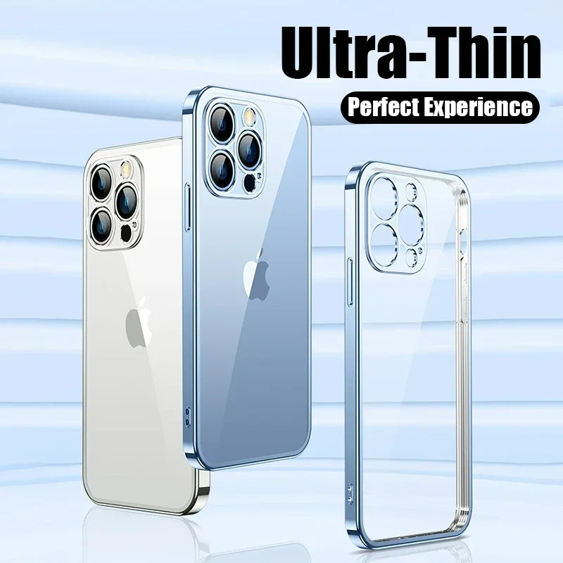 Luxury Plating Silicone Soft Case For iPhone 16 15 14 Plus 13 12 Mini Plus 11 Pro Max Square Clear Thin Shockproof Cover Shell