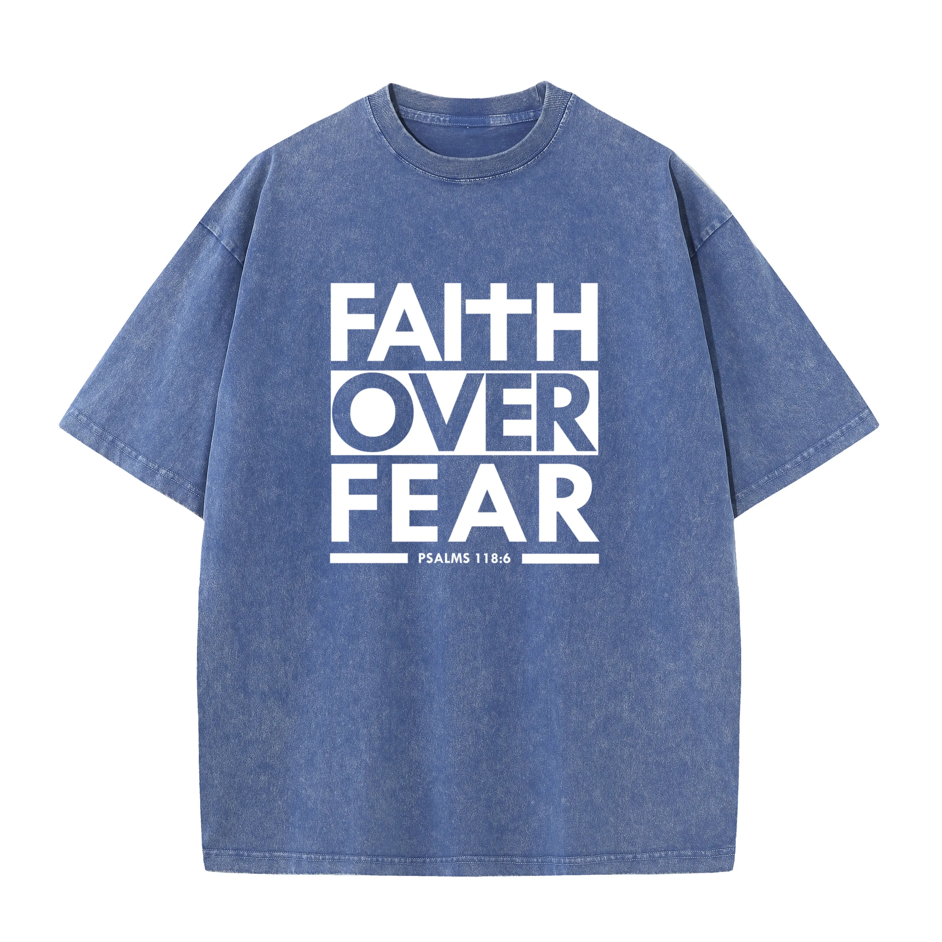 Faith Over Fear Bible Scripture Verse Christian Pullover Bleach style Tshirt High Street Men Washed style T shirt Tee