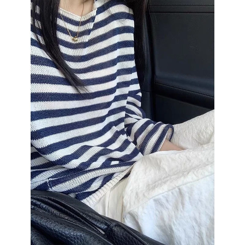 Deeptown Korean Fashion Striped Knitted T-shirt Women Vintage Sweet Long Sleeve T Shirt Casual Y2k Streetwear Loose Thin Tops