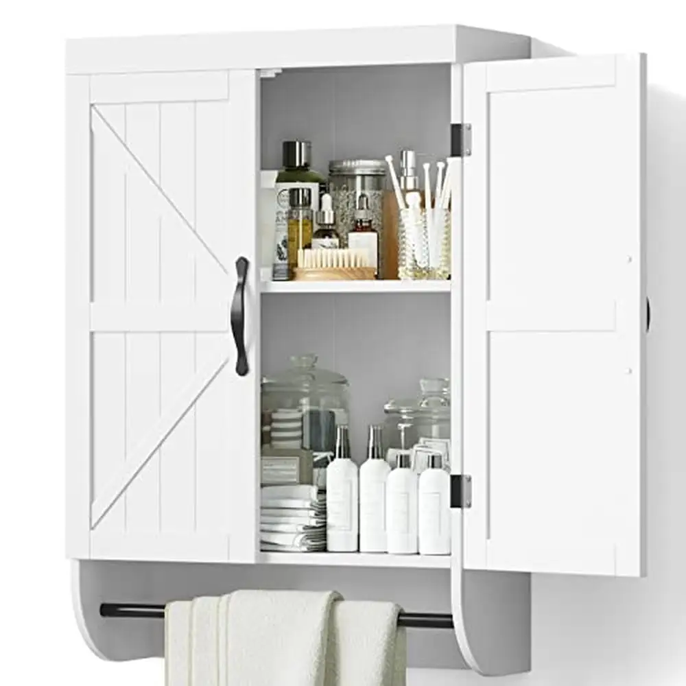 Adjustable Shelf Bathroom Storage Wall Cabinet Over The Toilet – Modern 2-Door Medicine Cabinet with Metal Bar Organization and