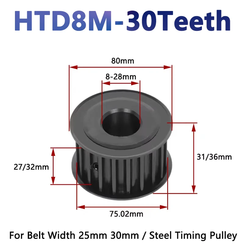 

1pcs 30 Teeth HTD 8M Steel Timing Pulley HTD8M Synchronous Wheel for Belt Width 25/30mm Bore 8/10/12/12.7-28mm Drive Pulley