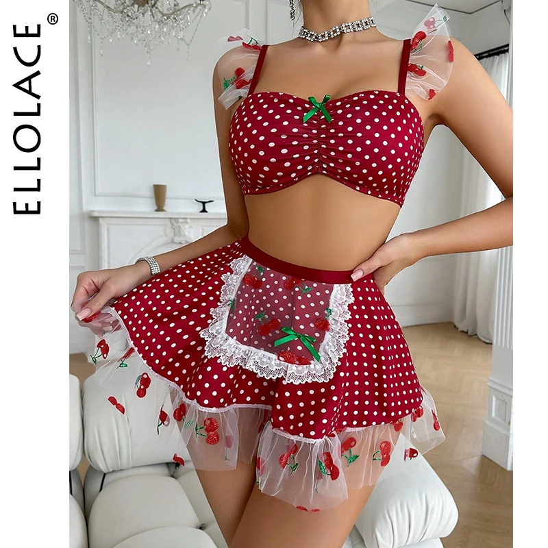 

Ellolace Erotic Lingerie 3-Piece Ruffled Polka Dot Lace Sexy Outfit Cherry Sweet Girl Romantic Skirt Thongs Fancy Onlyfans Kit