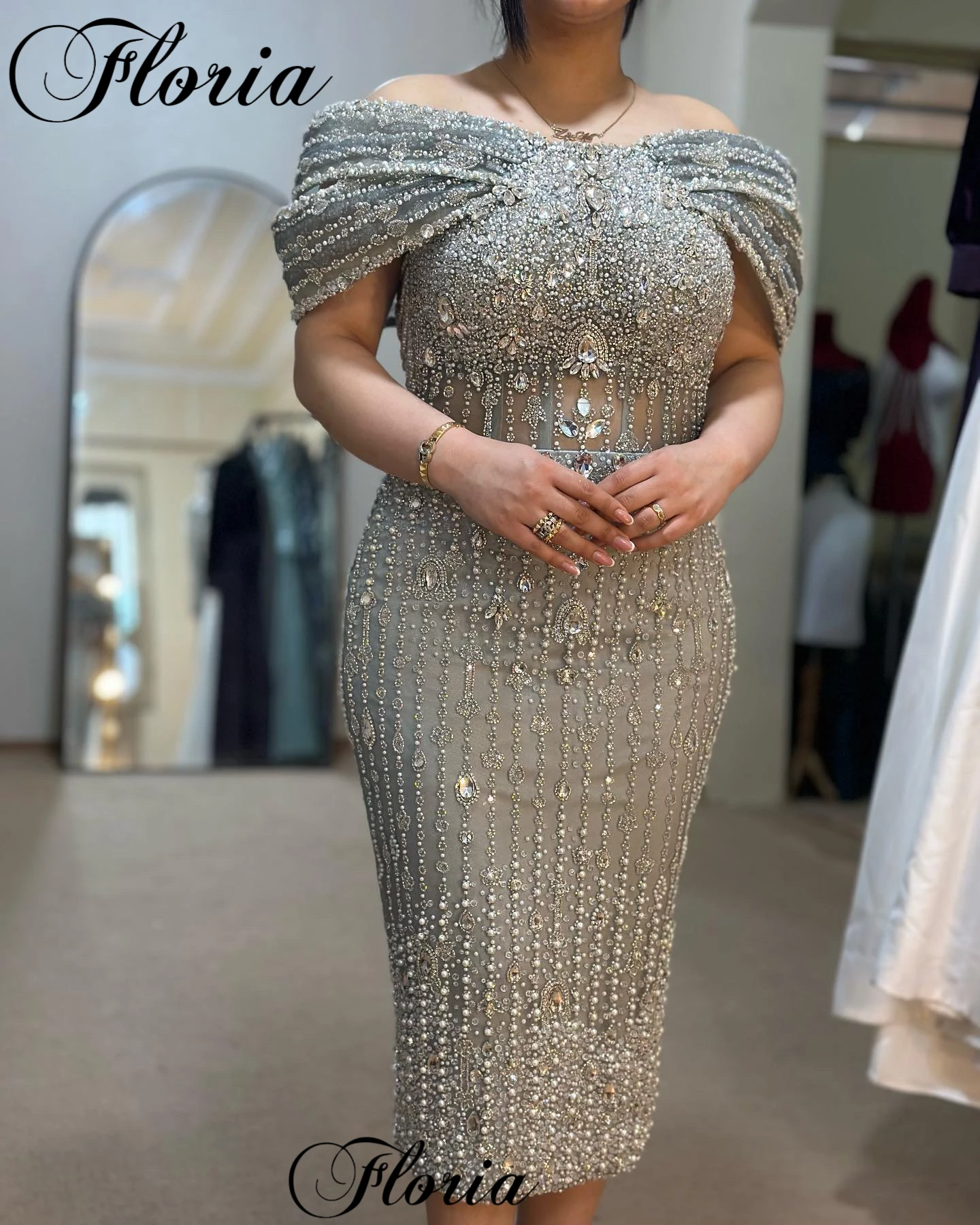 Luxury Beaded Cocktail Dresses Plus Size Off Shoulder Tea-Length Prom Dresses Elegant Vestidos Femenino Birthday Party Gowns