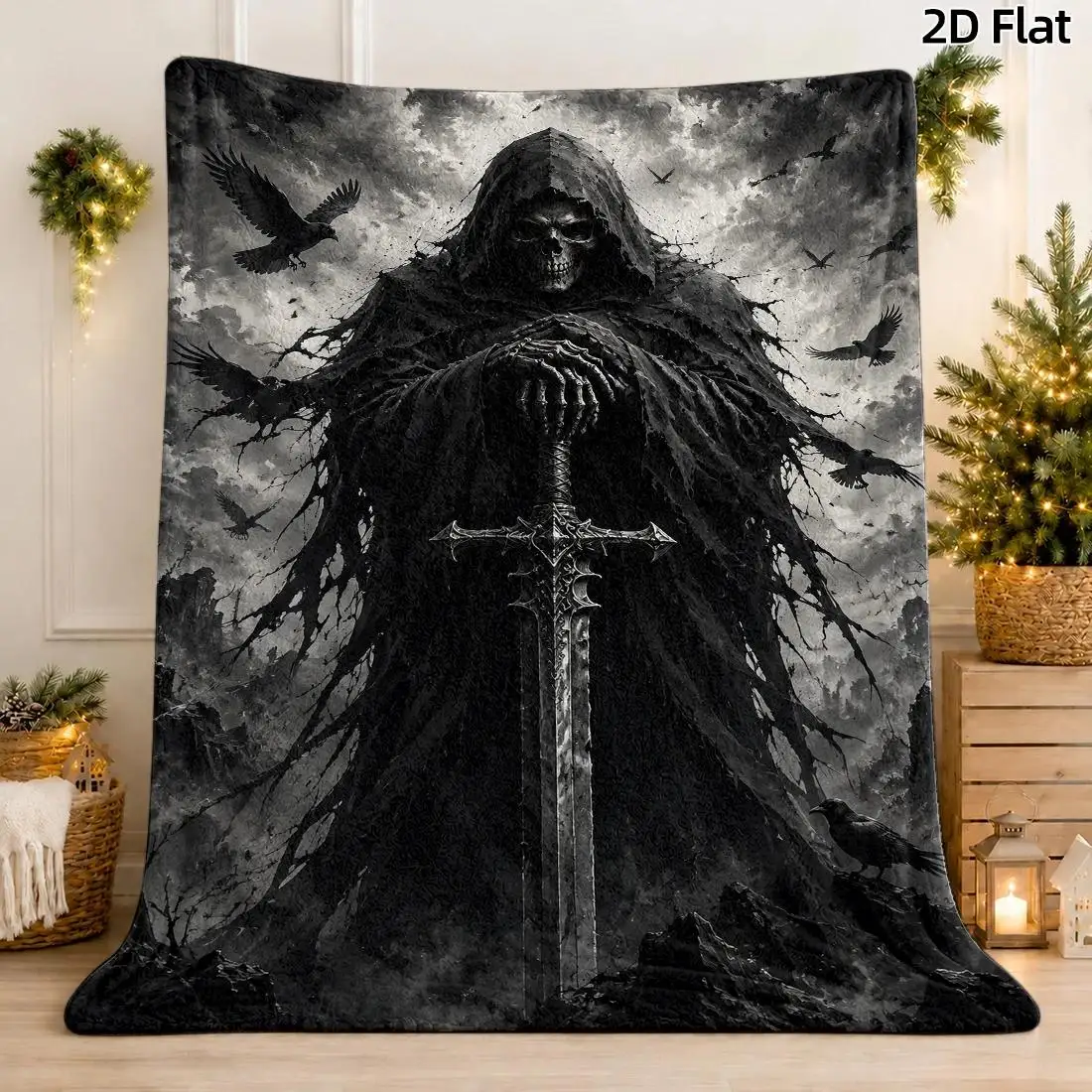 1pc 2D Flat DIY Coloring Throw Blanket, Grim Reaper Skull Gothic Line Art, Oil Painting Style Skull Warrior Raven Feather Decor