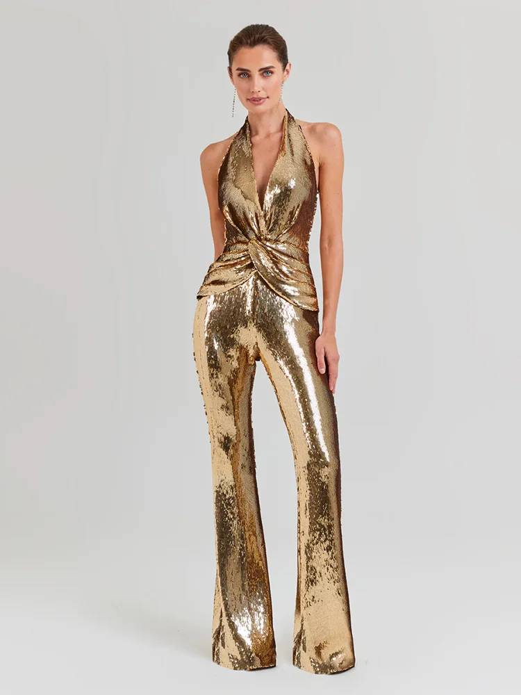 Women\'s Sleeveless Gold Sequin Jumpsuit Sexy V Neck Sparkle Sequined High Waist Wide Leg Pants Jumpsuit Celebrity Evening Party