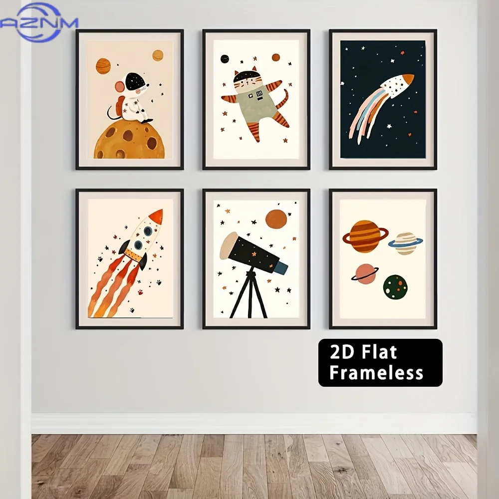 6pcs Frameless Space Adventure Canvas Poster Printing Astronaut Rocket Cute Wall Art Teenage Boy Bedroom Decoration Aesthetic Pa