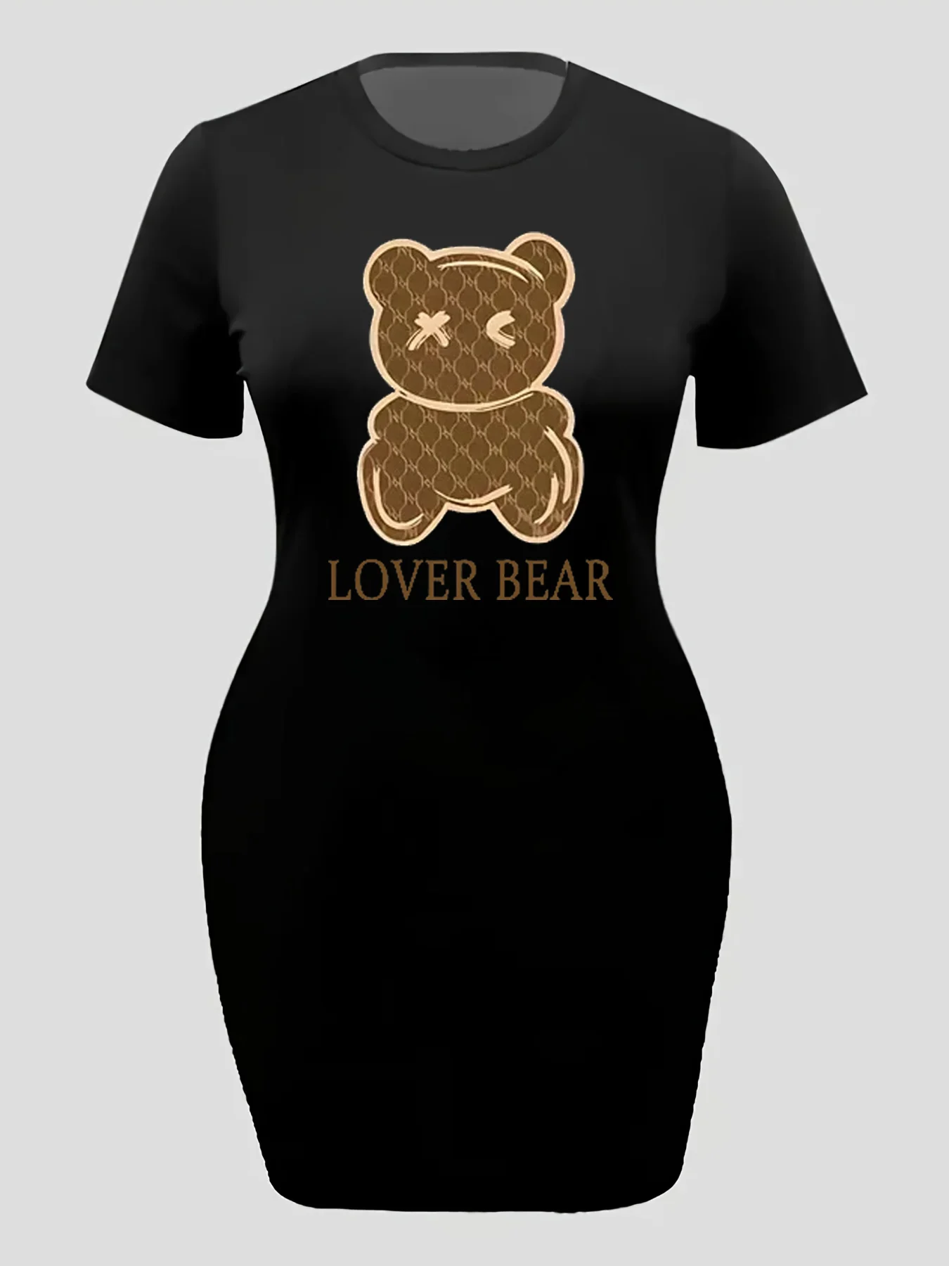 Summer Women\'s LOVER BEAR cartoon Print Casual Slim Fit Short Sleeve Round Neck T-shirt Mini Dress