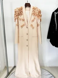 Designer Luxury Quality 3D Flower Crystal Beading Long Sleeve Suit Coat Evening Maxi Dress For Women Elegant Diamonds Party Robe