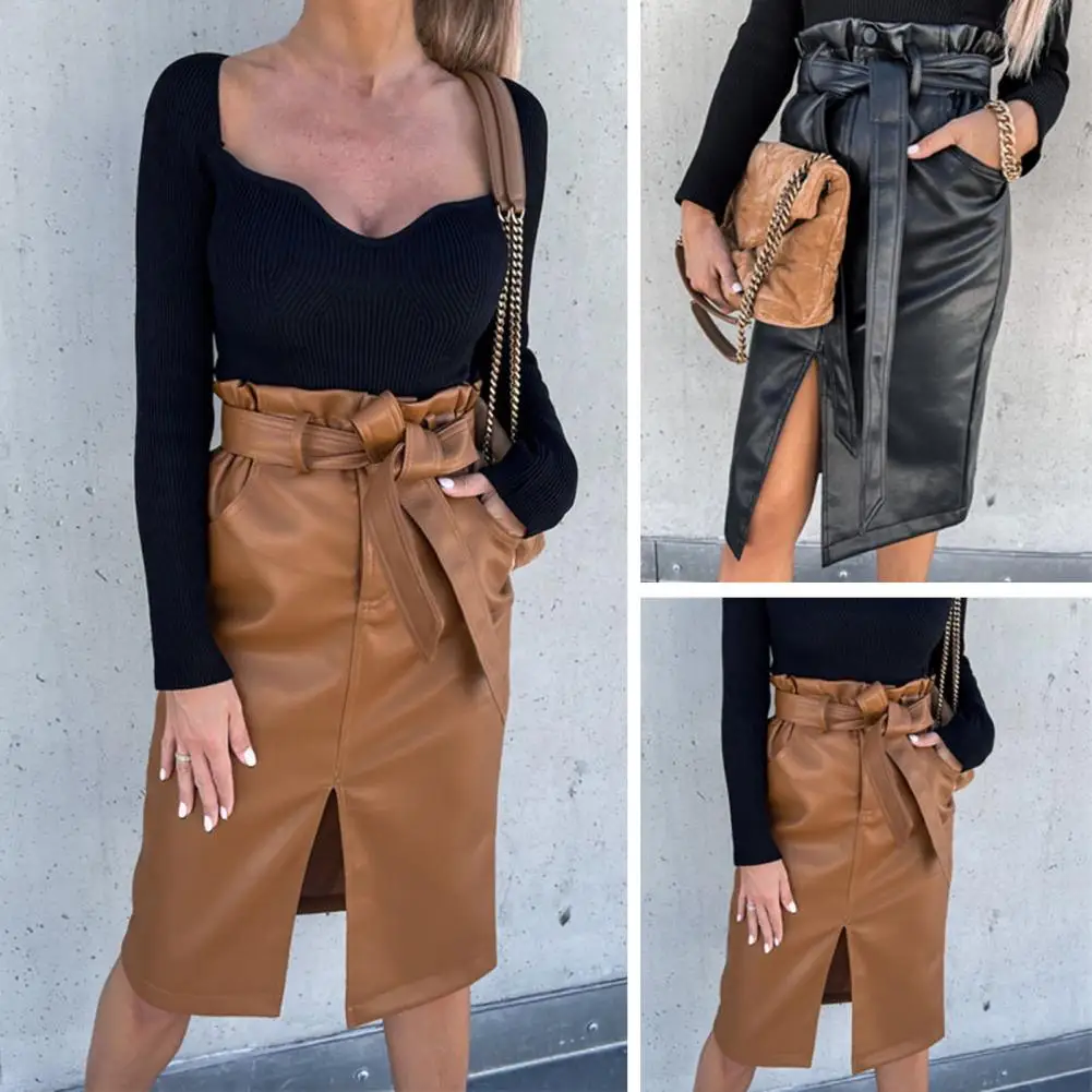 

Women Skirt Slit Hip Wrap Tie-in Waist Shirring Solid Color Dress-up Faux Leather High Waist Sheath Skirt for Shopping