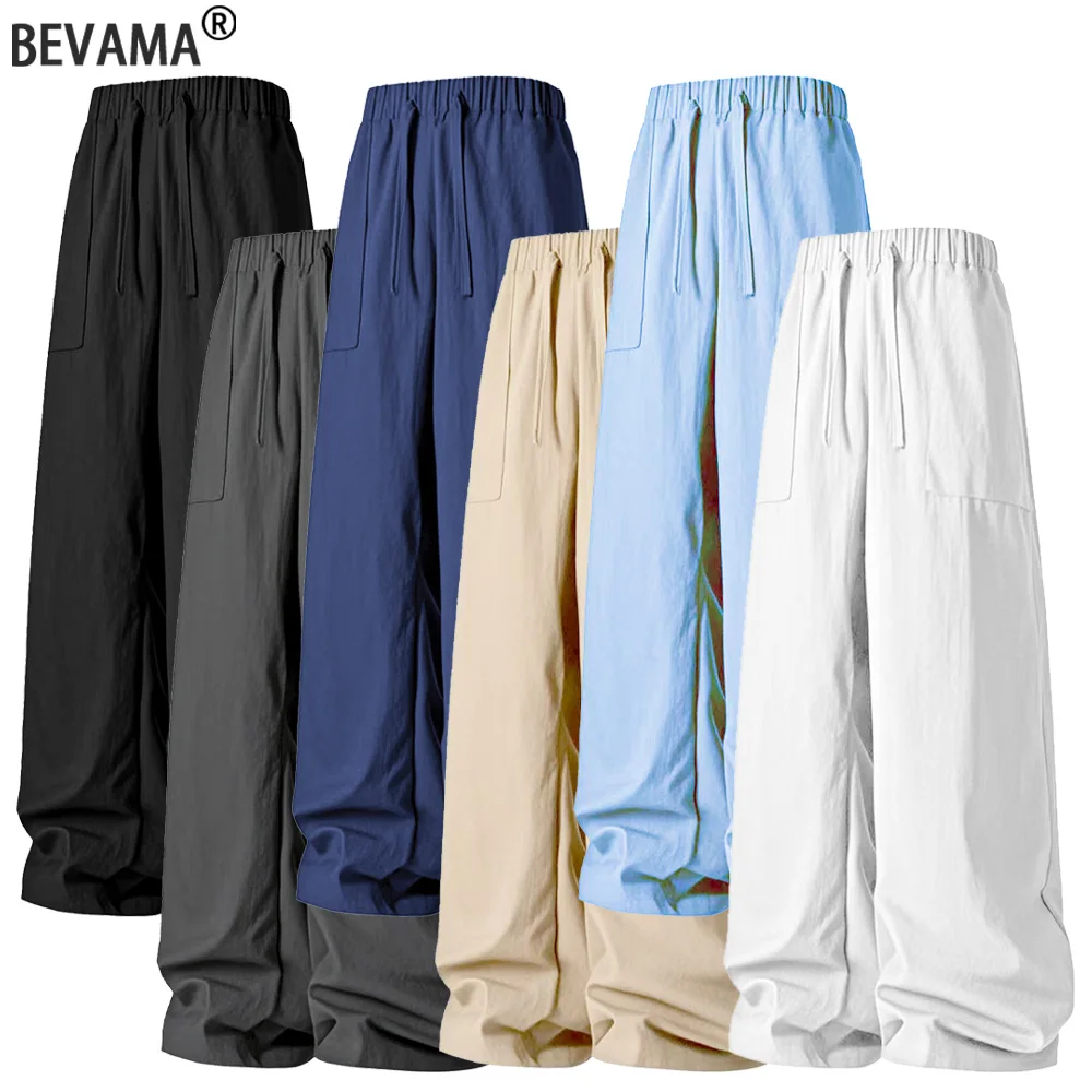 

Men's Summer Pants Loose Cool Casual Long Pants Solid Color Breathable Straight Trousers Elastic Waist Drawstring Male Long Pant