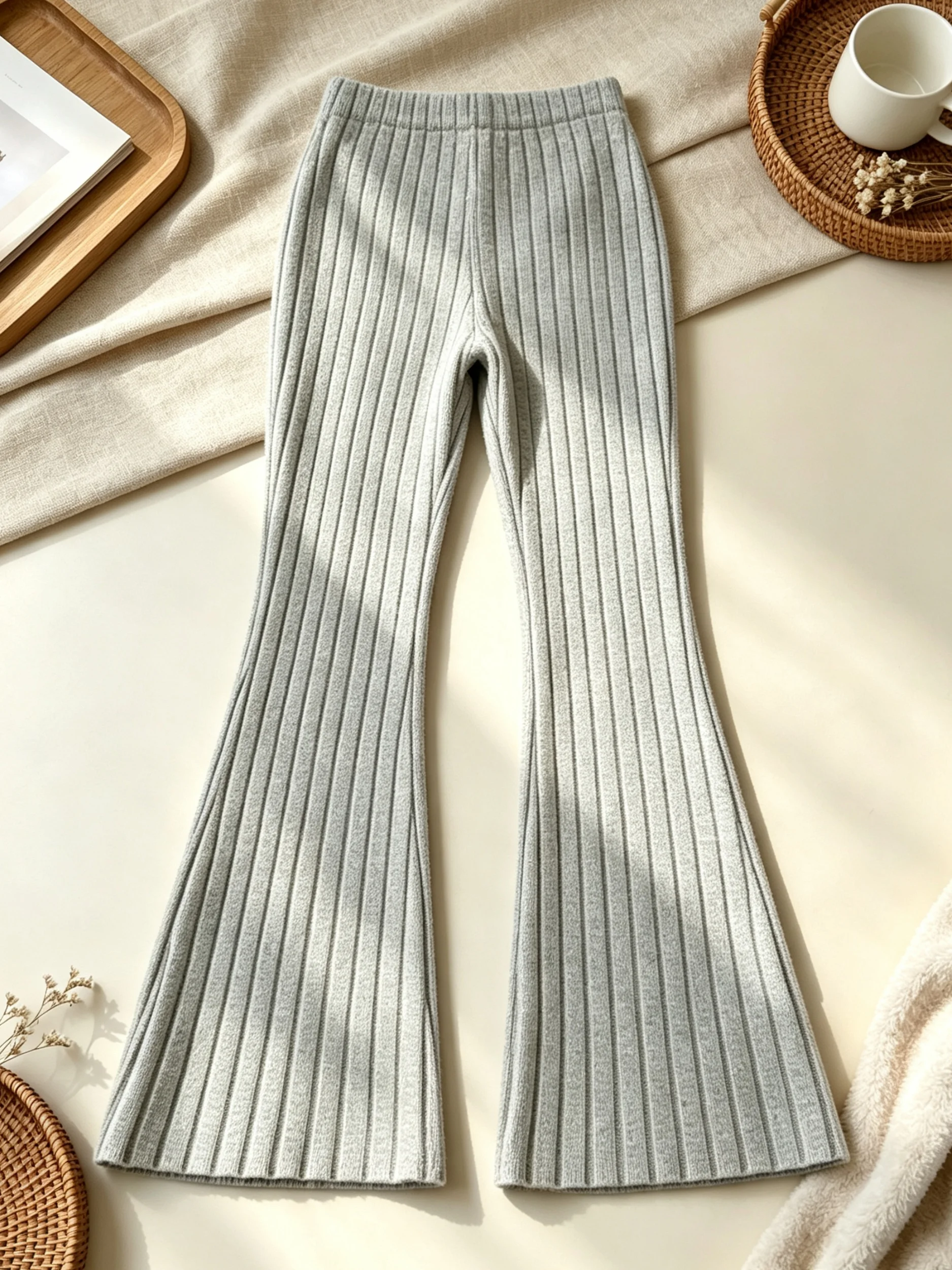 Women Vertical Ribbed Knit Full Length Flare Pants High Waist Elastic Waistband Slim Bootcut Trousers Casual Streetwear Bottoms