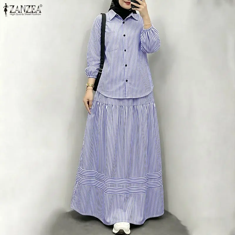 ZANZEA Muslim 2-Piece Sets Women Modest Loose Striped Long Sleeve Shirt & Elastic Waist Maxi Skirt Suits Islamic Hijabis Outfits