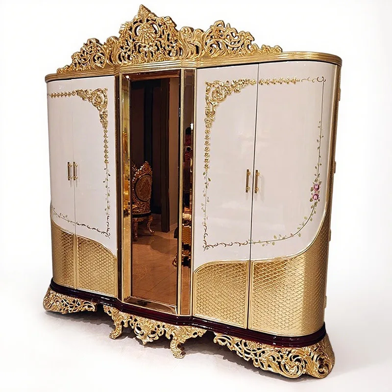&French Style Solid Wood Bedroom Wardrobe Villa Luxury White Flat Door Locker Hand-painted Art Gold Foil High-end New