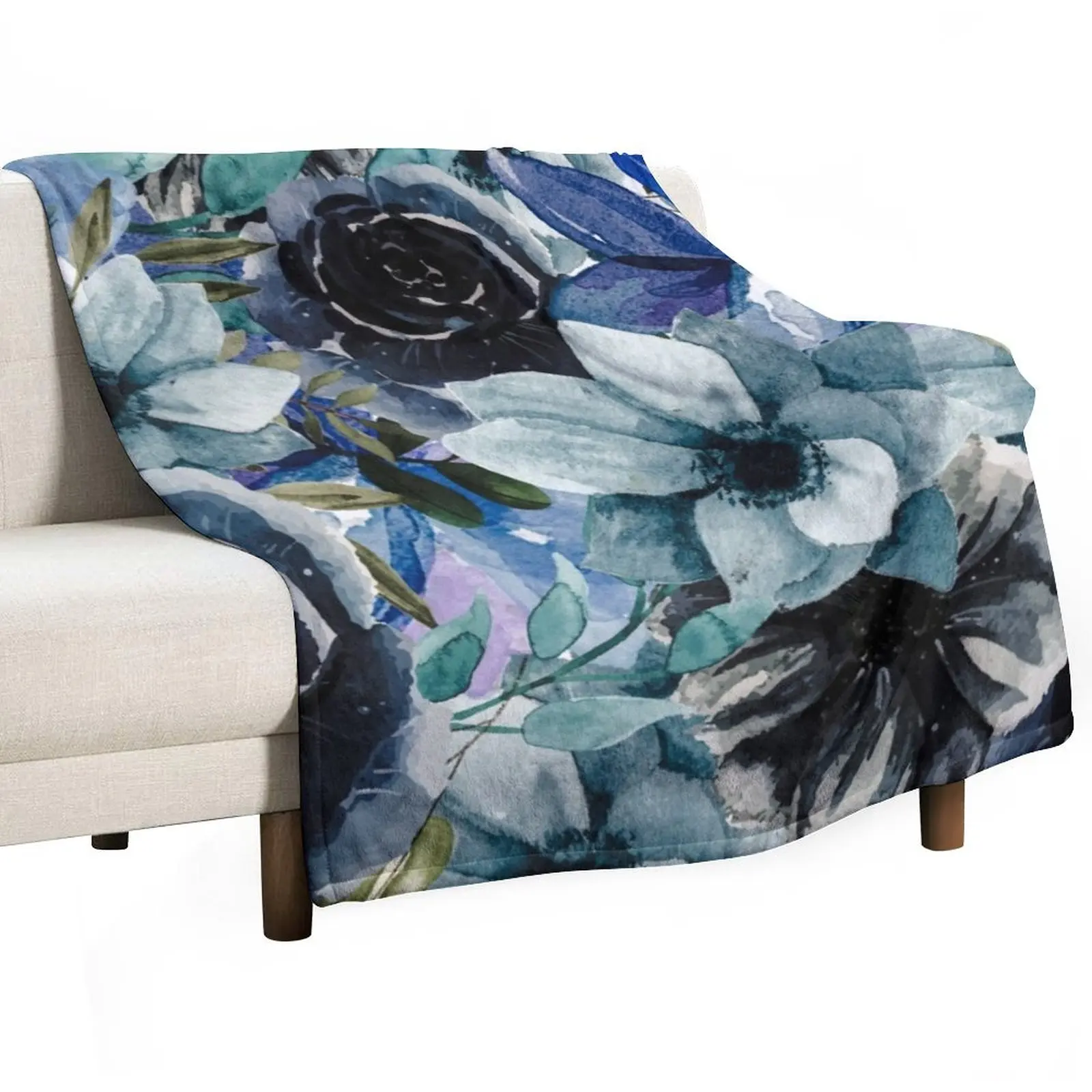 Dark Blue Watercolor All Over Floral Pattern Throw Blanket sofa bed Soft Plush Plaid Bed Blankets