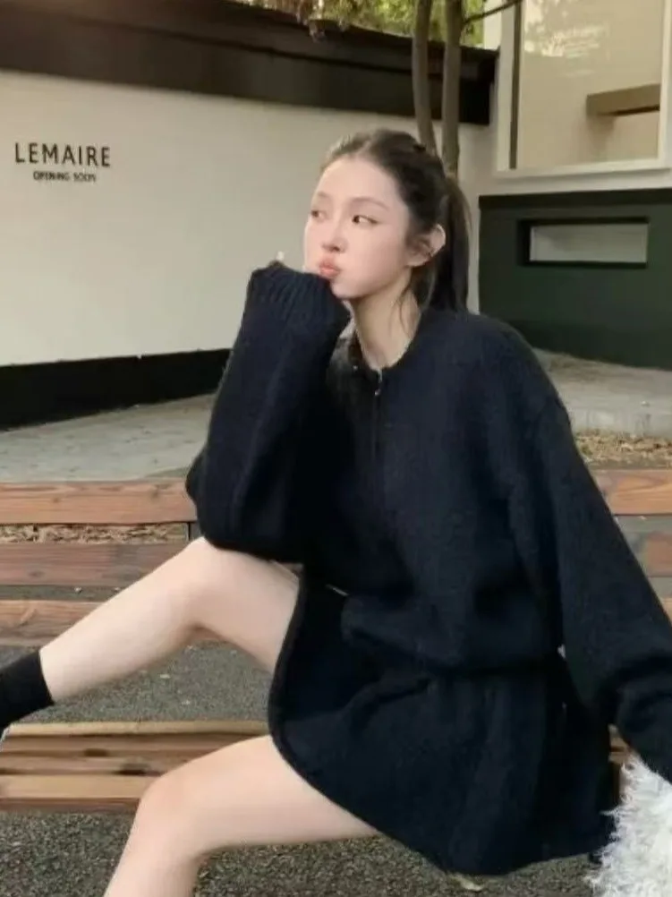 Coréen Sle doux Plu pull à fermeture éclair Jaet femmes automne hiver jupe Faion ensemble coupe ample longue Sve rond Ne